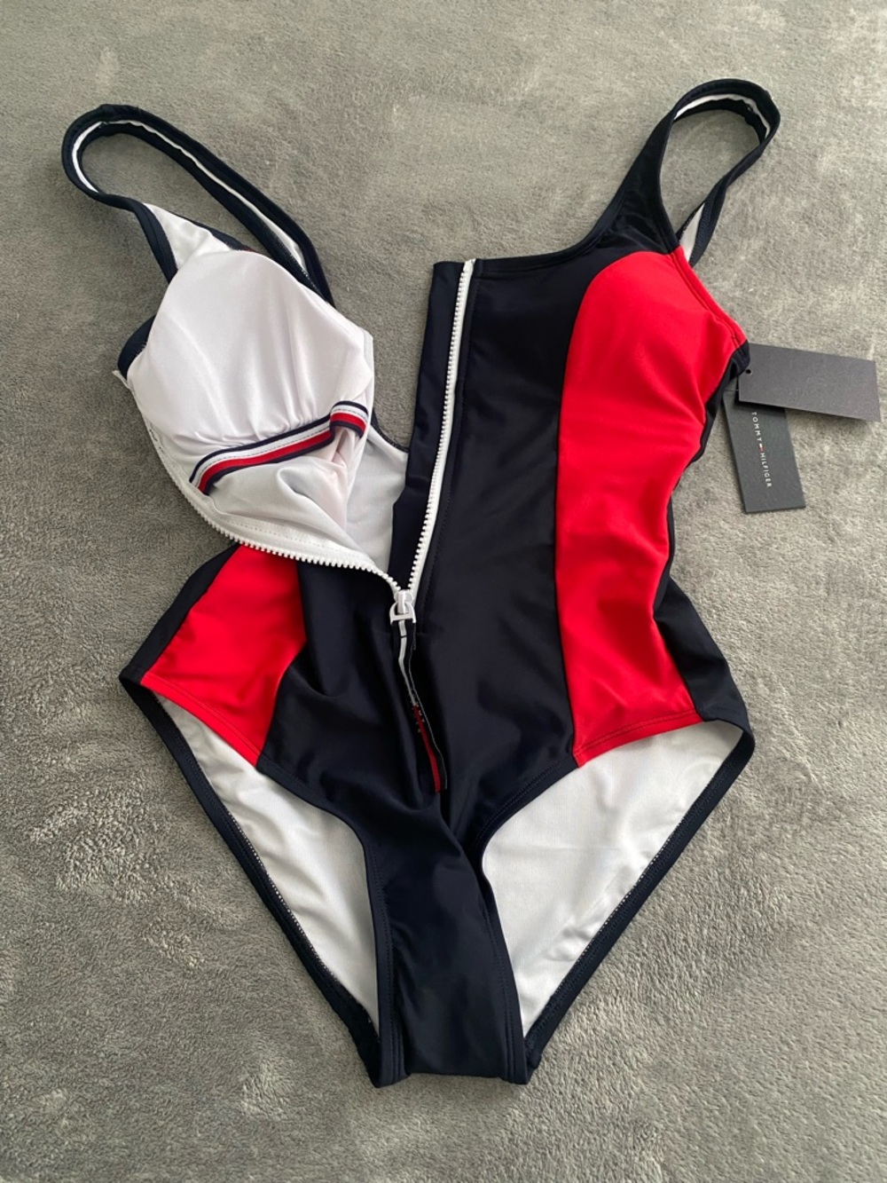 Tommy Hilfiger One Piece Swimsuit Small NWT Red Navy Zip Front